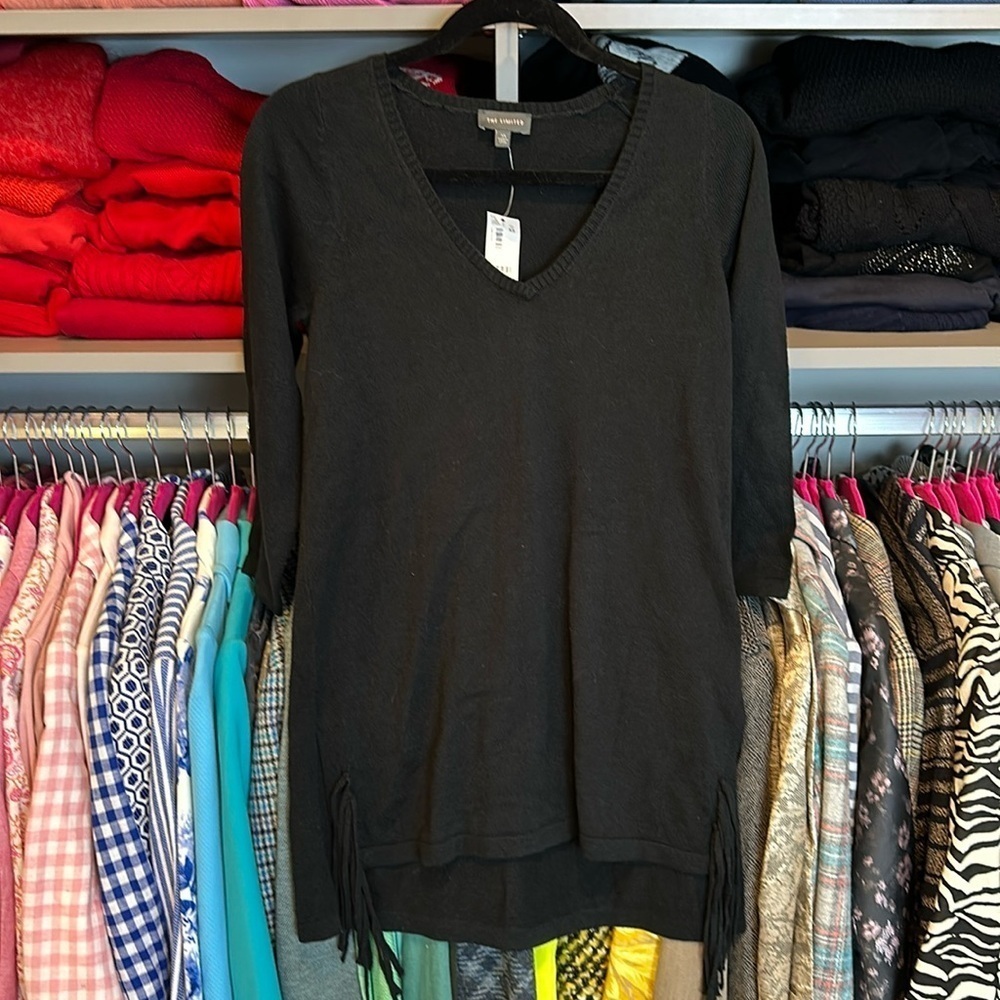 The Limited black 3/4 quarter sleeved long sweater with side fringe size XS NWT